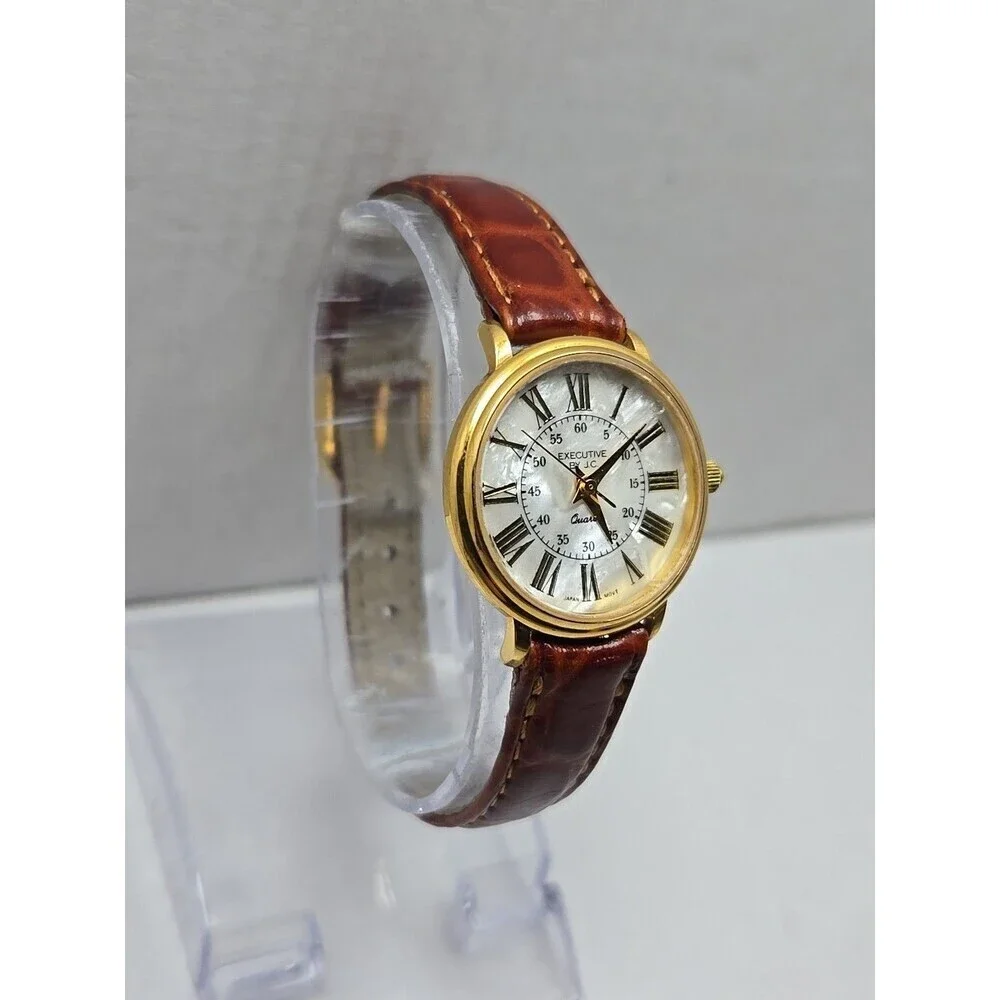 Executive By JC Ladies Quartz Watch Roman Numeral Gold Tone Leather New Battery